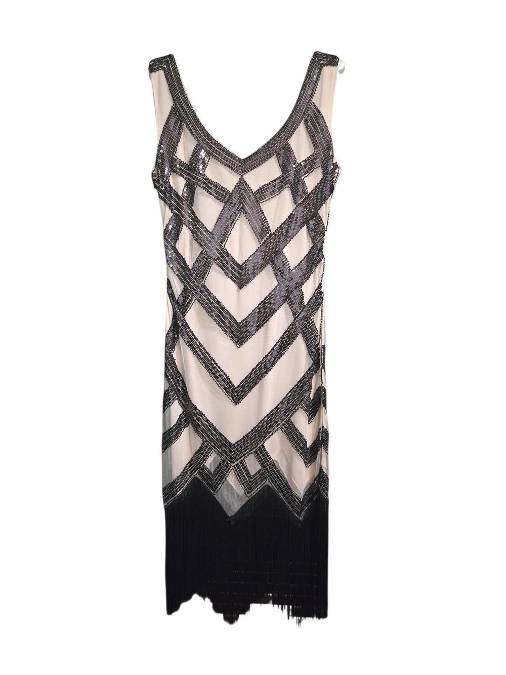 Vintage Style 1920s Flapper Dress Art Deco Sequin Fringe Black Cream Large
